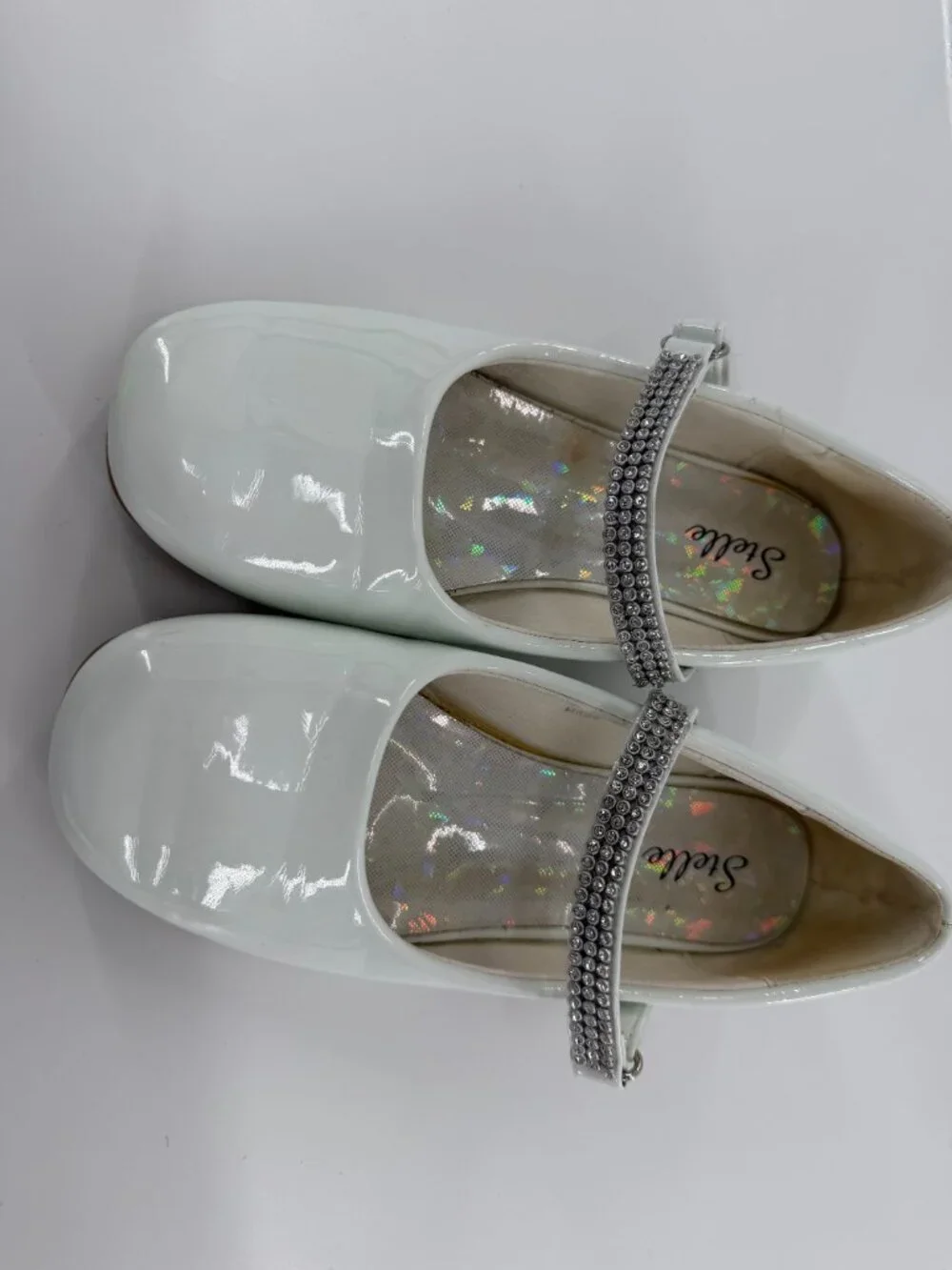 Stelle Girls White Mary Jane Dress Shoes Rhinestone Buckle Strap Flat Size 1